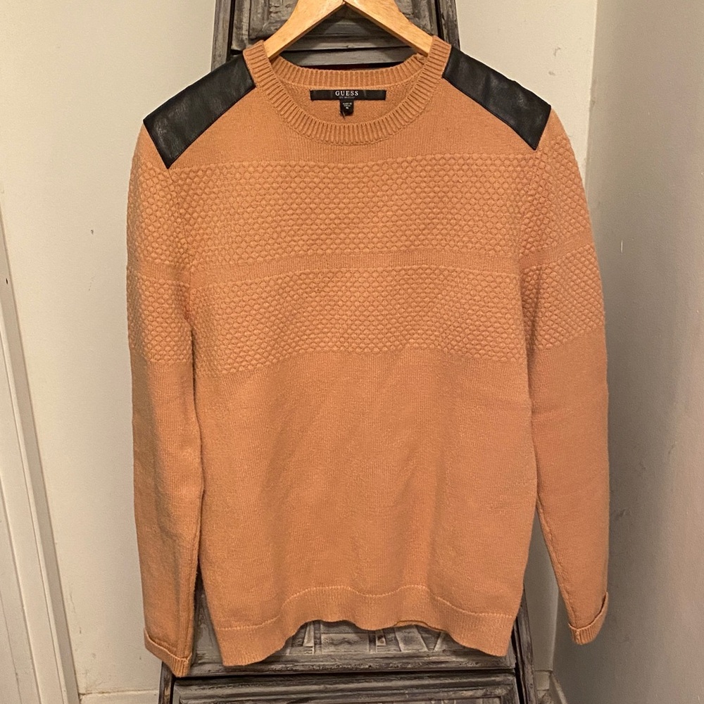 GUESS Men's Camel Sweater with Black Shoulder Detail
